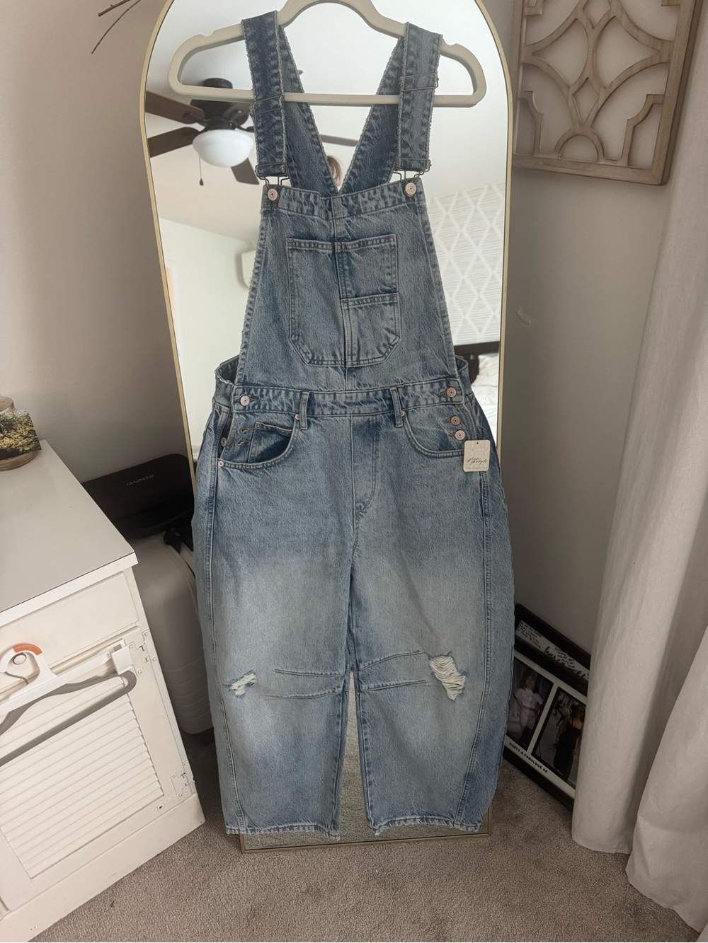 Free People Distressed Good Luck Barrel Overalls